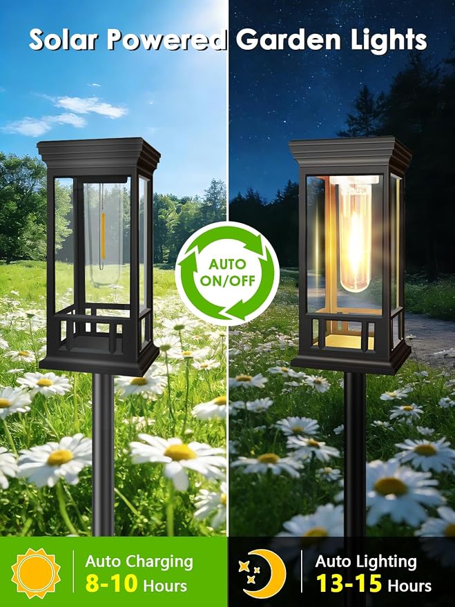 LORRYTE 10 Pack Solar Pathway Lights Outdoor Waterproof | High-performance Solar Panel, Work Lasts 12-15hrs With Auto On/Off. Warm White Retro Design. Ideal For Garden, Lawn, Walkway.