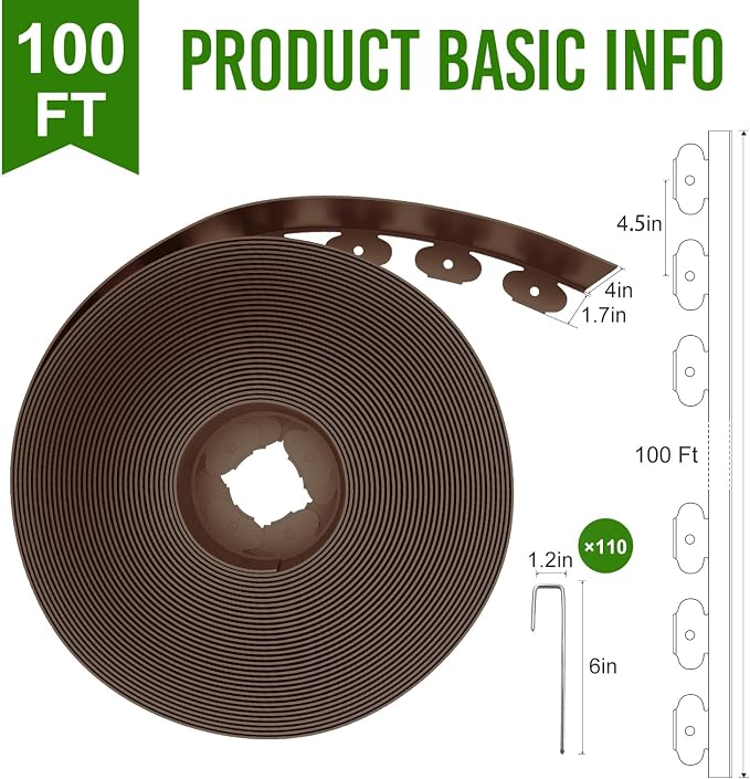Landscape Edging 4 Inch Tall 100FT with 110Pcs Metal Spikes, Plastic Garden Edging Border Landscape Edging Border Lawn Edging for Landscaping, Flower Bed, Yard(Brown)