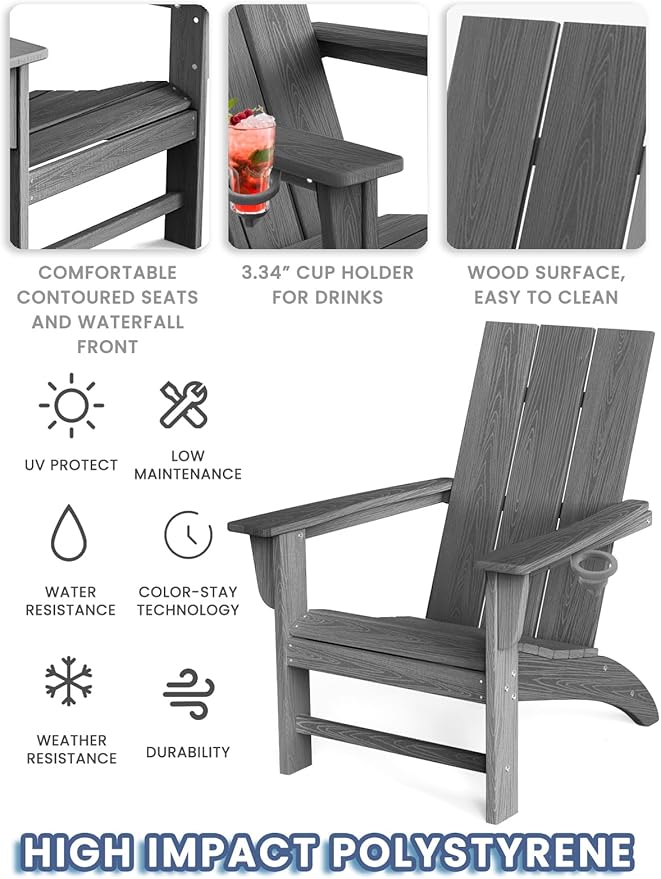 Modern Adirondack Chair with Cup Holder, HDPE Plastic Patio Chairs for All Weather, Fire Pit Chair, Outdoor Lawn Chairs for Deck, Porch, Backyard, Garden, Slate Gray
