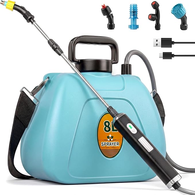 Battery Powered Garden Sprayer 2 Gallon, 7.4V Rechargeable Weed Sprayer with 3 Pressure Mode, 5 Spray Nozzles, Telescopic Wand, Battery Indicator, Adjustable Strap for Lawn Garden, Blue