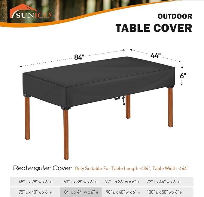 SUNICO Rectangular Outdoor Table Covers Waterproof, Anti-UV Patio Table Cover for Outdoor Furniture, Windproof Outside Dining Table Cover, Patio Furniture Cover 84" L x 44" W x 6" H