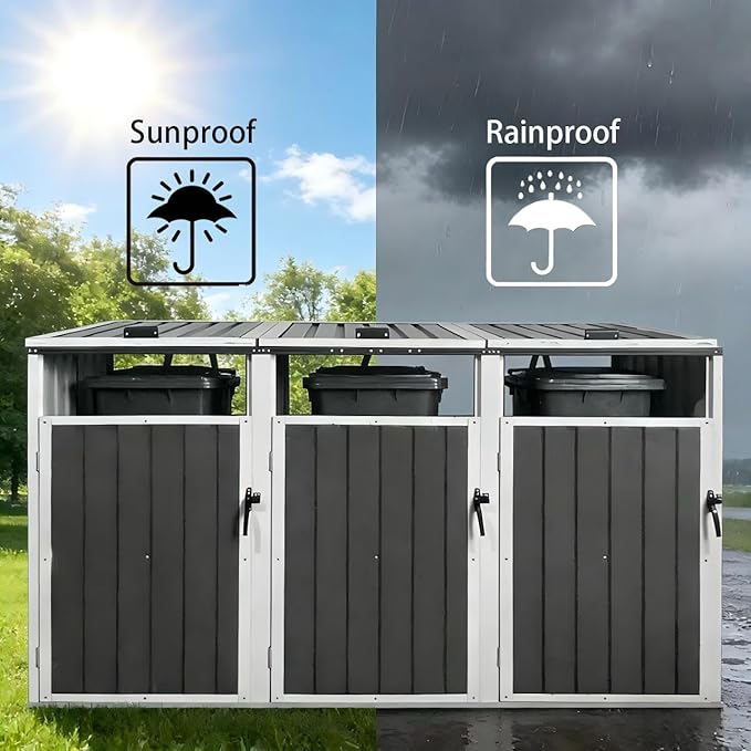 YOPTO 60 Cu.Ft Trash Bin,Waterproof Trash Bin Outdoor Enclosure,Metal Garbage Bin Storage Shed Stores,with 3 Cans,Lid and Lockable,Sheds House Shelter w/Ventilated,for Campsites,Courtyards,White Lime