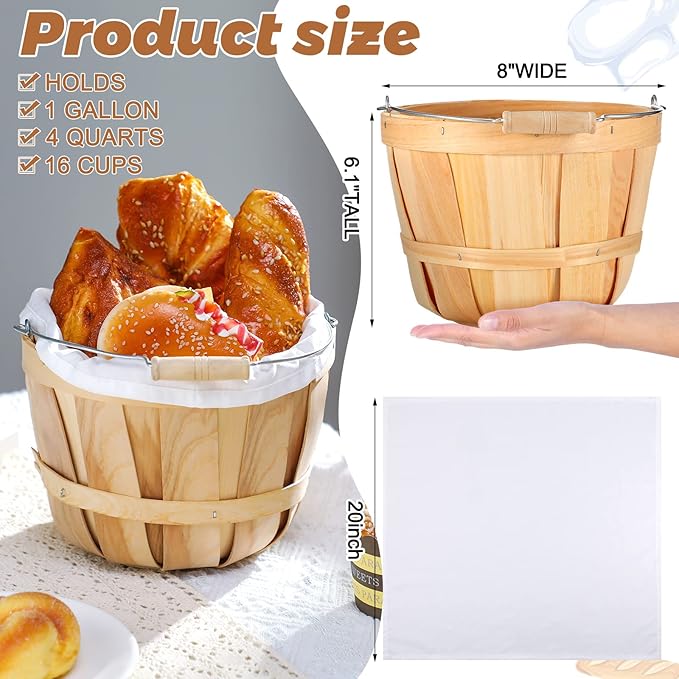Eaasty 3 Pack Round Wooden Bushel Baskets Wood Fruit Buckets with Handle for Vegetable Snack Fall Holiday Farmhouse Garden Decoration, 4-quart Capacity, 6. 1 Inch Tall, 8 Inch Diameter