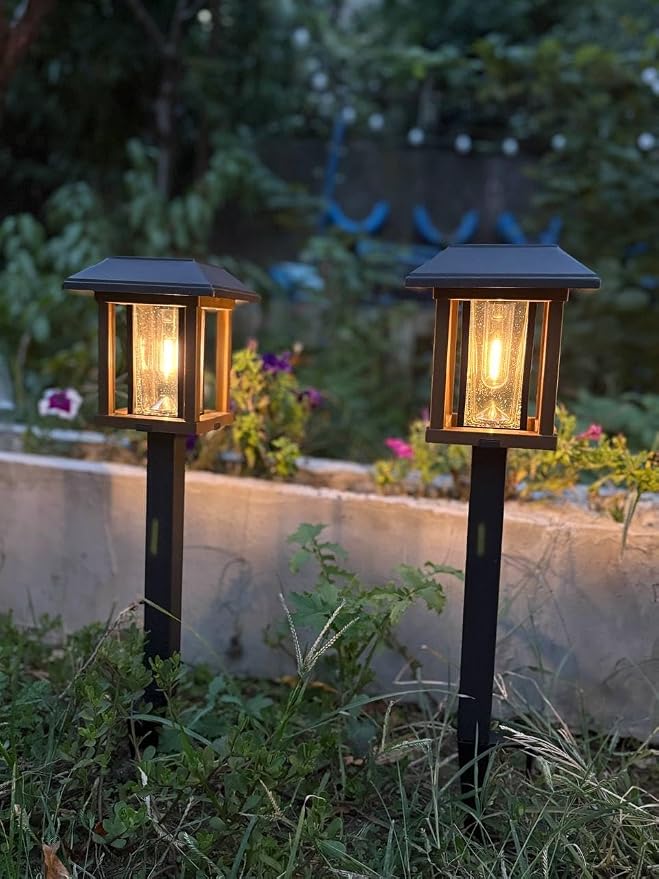 XMCOSY+ 4-Pack Solar Pathway Lights Outdoor, 25 Lumens Vintage Edison LED Landscape Lighting, IP65 Waterproof Seeded Glass & Metal Stakes Solar Powered Garden Lights for Yard Patio Walkway Driveway
