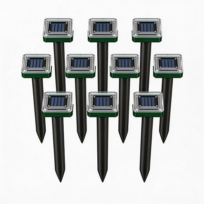 Ultrasonic Solar Mole Repeller – Long-Lasting Outdoor Rodent Deterrent for Yard Flower Beds Garage, Effectively Repels Moles Gophers Voles Shrews-10Pack