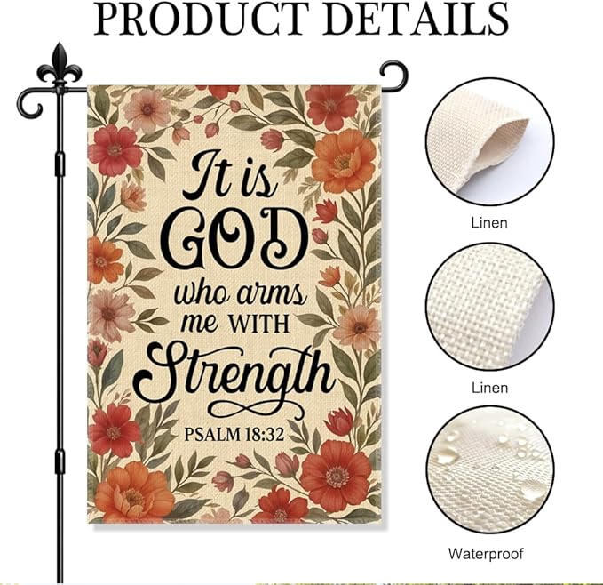It Is God Who Arms Me With Strength Psalm 18:32 Garden Flag Double-Sided Yard Outdoor Decoration 12x18 Inch, Christian Floral Garden Decoration, Bible Home Banner, Religious Flag
