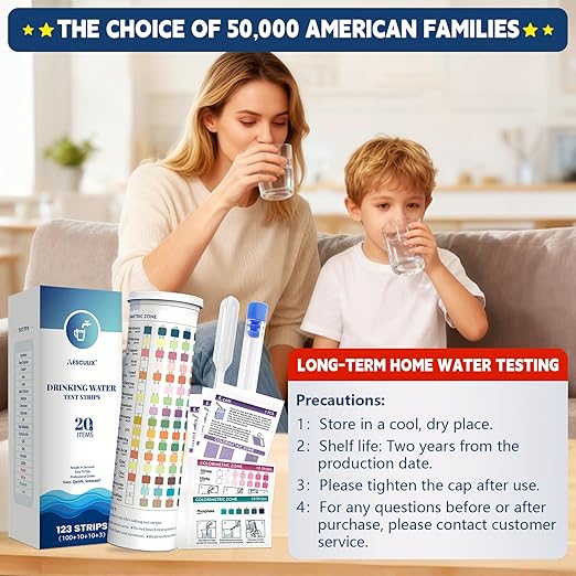 20 in 1 Water Tester for Drinking Water, Well Water Testing Kit, Suitable for Household Tap Water, Natural Water Quality Testing, Can Detect Water Hardness, Chlorine, Lead, Ph, Etc. (123 Test Strips)