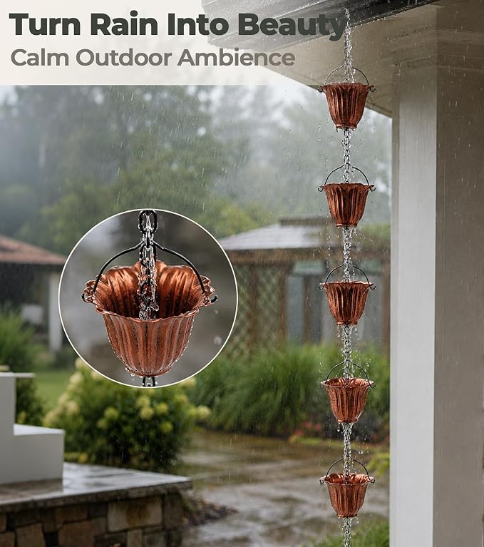 Copper Rain Chain for Gutters, 12 Cup Tulip Decorative Water Feature, 8FT 8IN Adjustable Metal Chain Rain Diverter for Outdoor Garden Décor with Crystal Accent