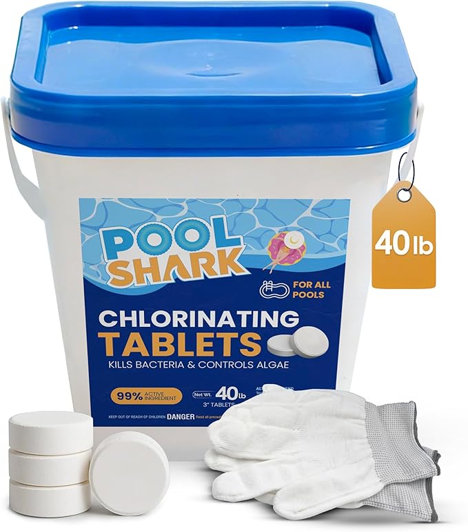 Pool Shark Swimming Pool Chlorine Tablets | 40 lbs | 3-Inch Chlorine Tablets | Slow-Dissolving 90% Active Chlorine Tabs | Pool Chemicals for Inground Pools, Above Ground Pools, Saltwater, Spa, Hot Tub