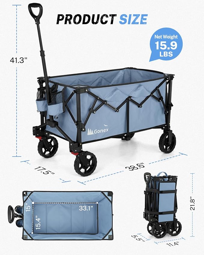 Gonex 38''L Collapsible Foldable Wagon Cart with 360lbs Weight Capacity,220L Folding Utility Garden Cart with Detachable Wheels for Grocery Sports Shopping Camping - Blue