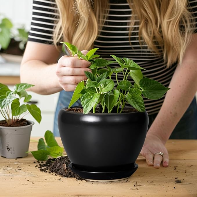 Ceramicfor Ceramic Planter Pot - 6 Inch Plant Pot with Drainage Hole and Saucer Round Planter for Indoor Plants Outdoor Succulent Pot Modern Flower Pot for Home Decor Black