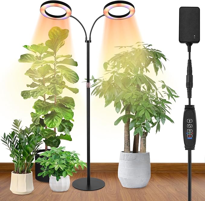 Dual Head Grow Lights for Indoor Plants - Full Spectrum 144 LED Growing Lamps with 3H/9H/12H Auto Timer, 3 Color Modes, 10 Brightness Levels, Height Adjustable 23-67" - Sun Light for Large Tall Plant