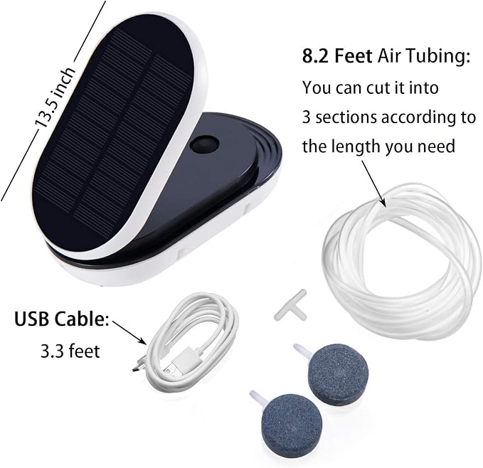 Lewisia Solar Air Pump + USB Charging Fish Aerator Bubble Oxygenator Aquaponics Fish Tank Koi Pond Aquarium Pool Aeration Sea Fishing Aquaculture Hydroponics Bubbleponics