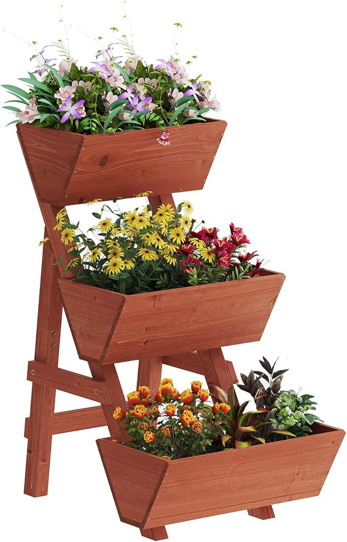 Kitsanery 3-Tiers Wooden Raised Garden Bed,Wood Planter Box for Vegetable,Flower Rack,Flower Pot Stands,Indoor Outdoor Gardening Planting Beds (Brick red, Small)
