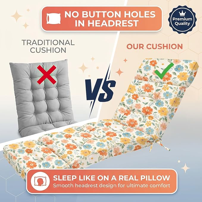 MAGIC ELEPHANT Chaise Lounge Cushion Outdoor, Memory Foam Patio Lounge Chair Cushion with Ties for Outdoor Furniture, 74 x 22 x 4 Inch (Multicolor Floral)