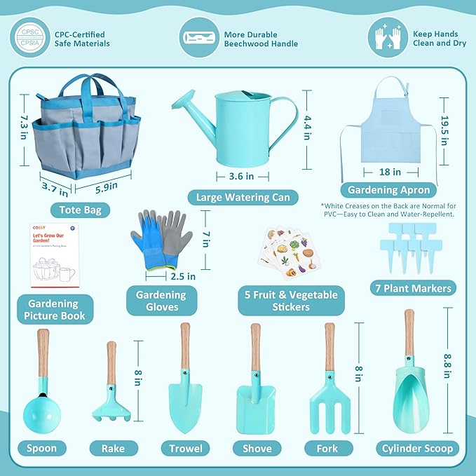 Cossy Kids Gardening Set, 13PCS Garden Tool Kit for Kids and Toddlers Boys Girls, Includes Tote Bag, Watering Can, Shovels, Rake, Kids Gardening Gloves, Apron and More, Blue