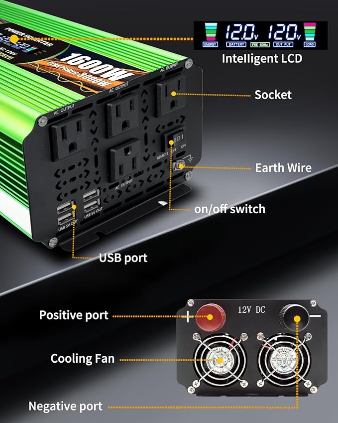 1600 Watt Pure Sine Wave Inverter, DC 12V to 120V AC Power Inverter for Vehicle, RV, Truck, Off-Grid, Car Power Inverter with 4 AC Outlet, 5V/3.1A USB, Remote Control, Surge 3000W