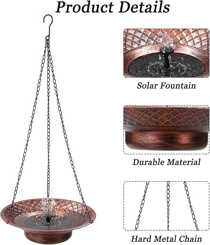 12.6" Hanging Solar Bird Bath, Birdbath Fountain Solar Power, Metal Bird Bath for Outside Hanging, Hanging Bird Fountain for Garden, Patio, Lawn Decor, Bronze