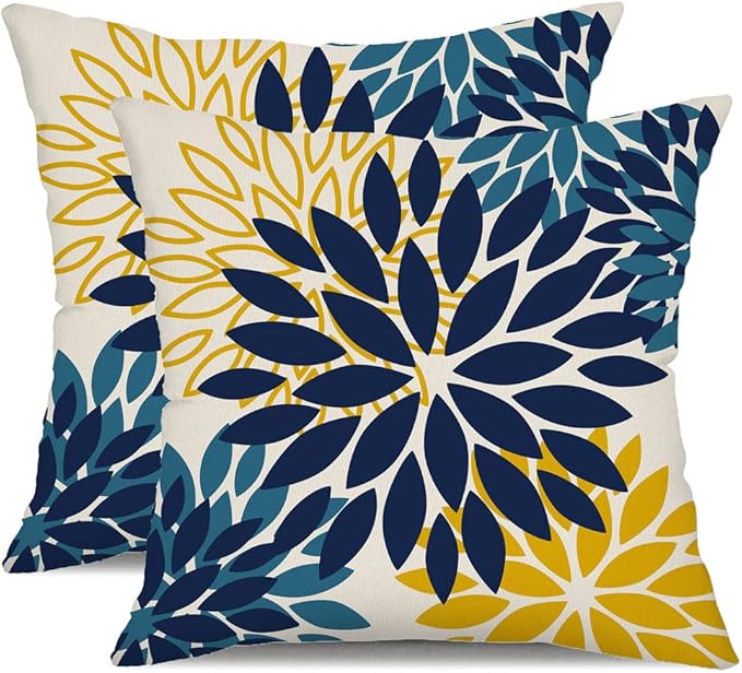 DFXSZ Blue Yellow Flower Pillow Covers 20x20 Inch Set of 2 Outdoor Throw Pillows Outdoor Waterproof Decor for Living Room Sofa Patio Funiture Garden Floral Polyester Pillow Covers 012D20