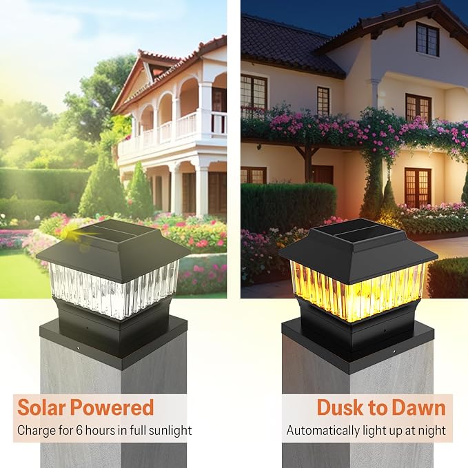 Solar Post Cap Lights 4 Pack, Modern #1: Fits True 4x4 Vinyl, 4x4 & 6x6 Wood Posts, 3 Color Temperature, 50 Lumen Waterproof Outdoor Lights for Deck Fence, Matte Black