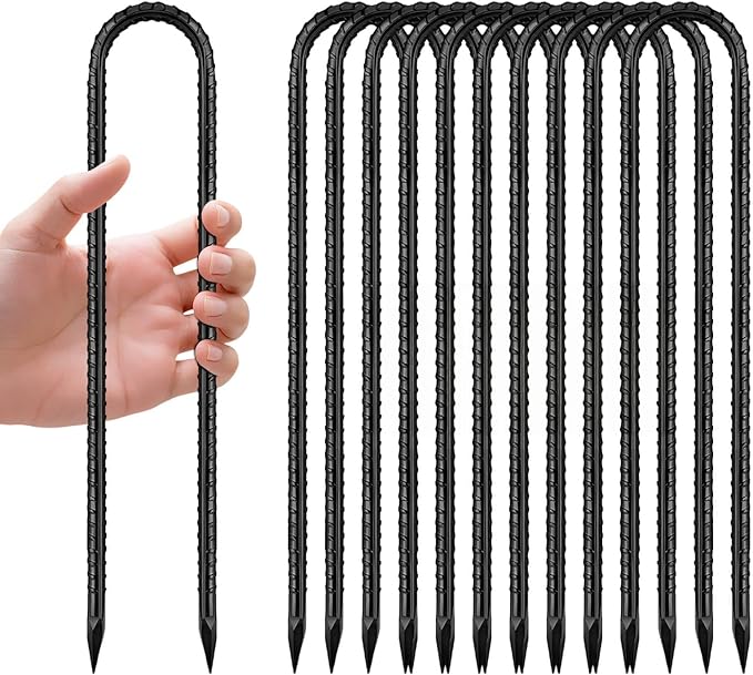 12 Inch Rebar Stakes, U Hook Ground Stakes 10 Pack Black Ground Anchors for Tent Heavy Duty for Plants Anti-Rust Landscape Fabric Artificial Turf