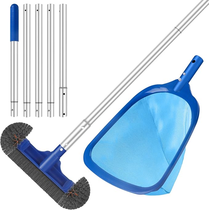 Swimming Pool Cleaning Kit Including 12.5 in Pool Brush Head,Ultra Fine Mesh Pool Leaf Skimmer Net with 76.5 in Aluminum Pole for Remove Debris and Dirt