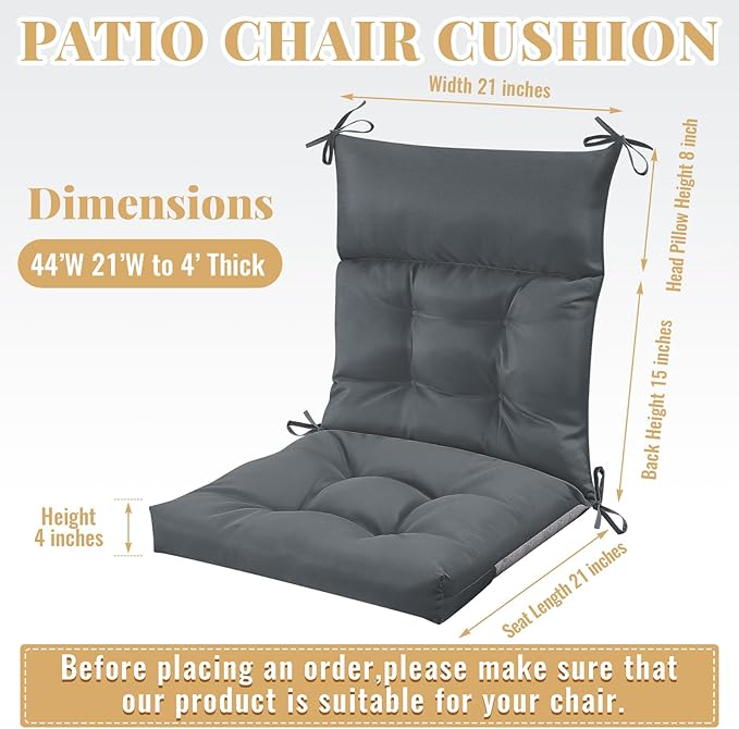 Sintuff 6 Pcs 44 x 21 x 4 Patio Chair Cushions Outdoor Chair Cushion Seat/Back Tufted Pillow with Ties Water Resistant Replacement Indoor Patio Furniture Outdoor Furniture (Solid Color,Dark Gray)