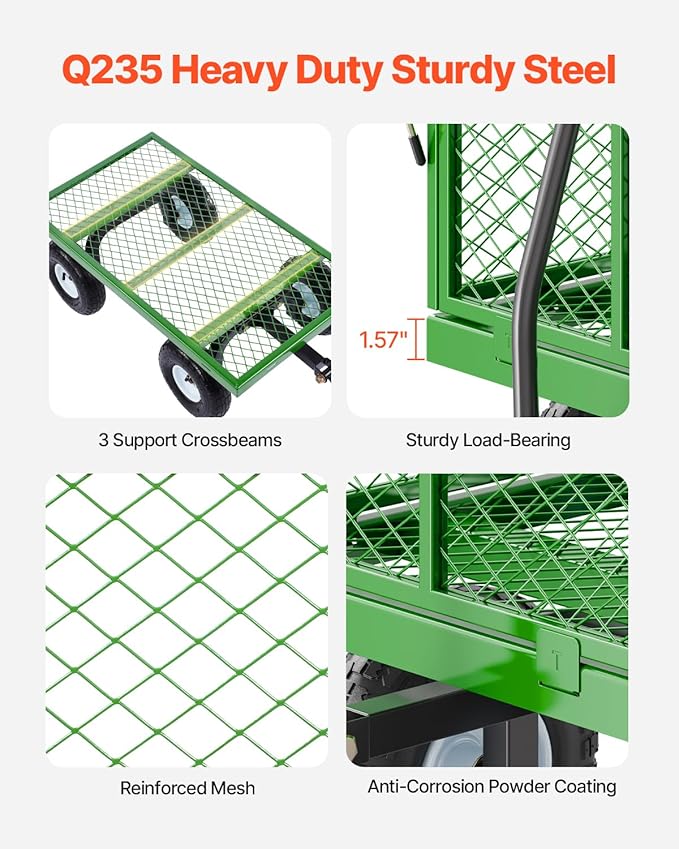 VEVOR 900 Lbs Steel Garden Cart on Wheels, Heavy Duty Pullable Garden Wagon Yard Cart, Outdoor Metal Utility Wagon with 10" Tires and Mesh Removable Sides(Convert to Flatbed), and 180°Rotating Handle