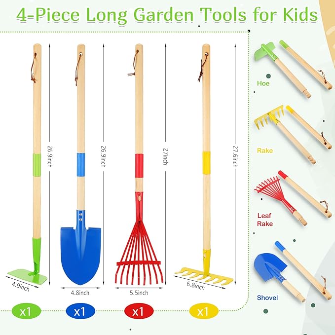16 Pcs Kids Gardening Tools, Long Shovel, Rake for Leaves, Spade, Hoe, Steel Heads and Real Wood Handle, Yard Tools for Children Toddlers Gifts