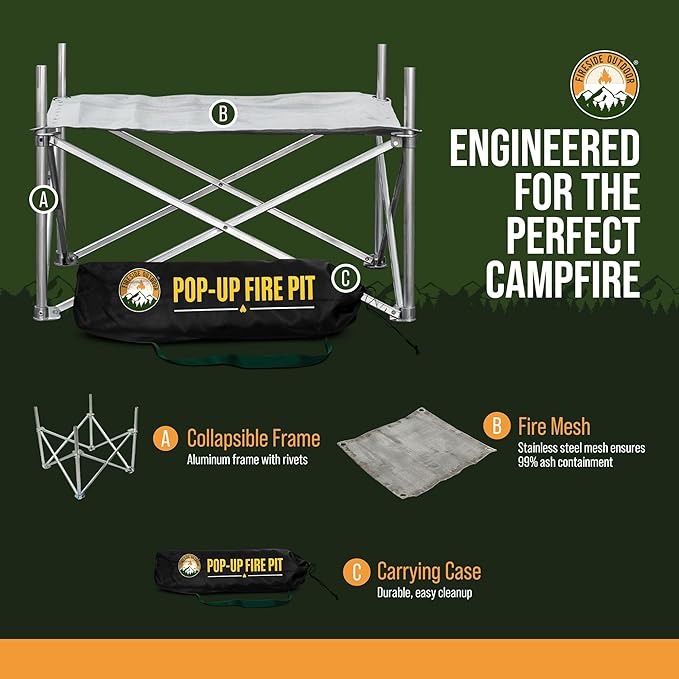 Fireside Outdoor Pop-Up Fire Pit 24" Ultra Lite Weighs 3.2 lbs - Folding FirePits for Outside, Outdoor Small Firepit Portable, Campfire Burn Pits, Camping Fire Pit Portable Holds 80 lbs of Firewood