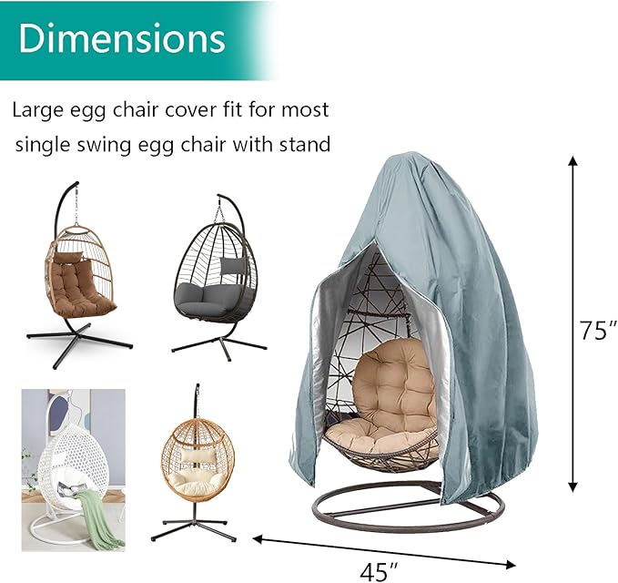 【Upgraded】Patio Egg Chair Covers with Zipper, Wicker Egg Swing Chair Covers, Waterproof Heavy Duty Weather Resisatnt Outdoor Chair Cover, Windproof Hanging Chair Cover, 75" x 45", Grey, 1 Pack
