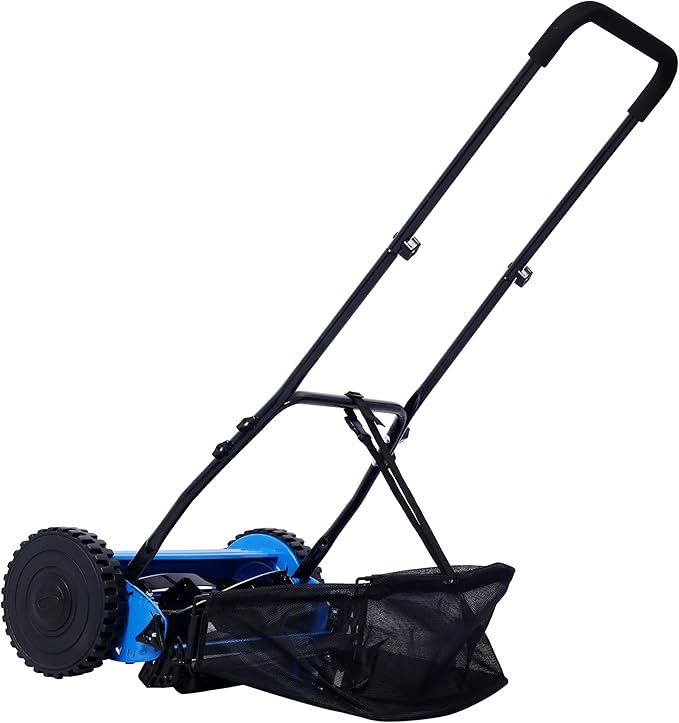 KEIKI 14-Inch Manual Lawn Mower, Push Reel Mowers w/Grass Catcher & Adjustable Cutting Height, 2-Wheels Small Lawnmower with 5 Steel Blades for Graden, Spaces Saving & Easy Assembly, Blue