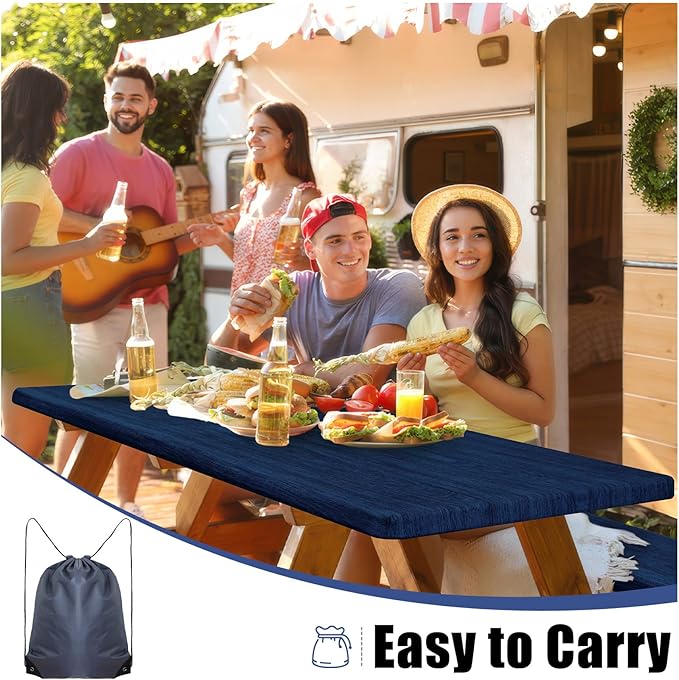 Smiry Picnic Table Cover with Bench Covers, Waterproof Elastic Fitted Tablecloth for 8 Foot Tables, Washable Polyester Tablecloths for Camping, Indoor & Outdoor (Navy & Black, 30x96 Inch 3-pc Set)