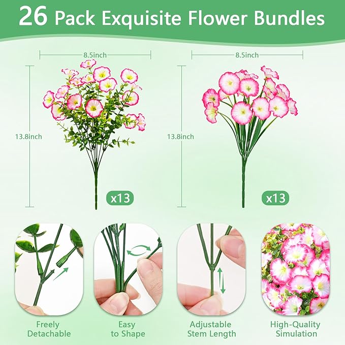Yastouay Artificial Flowers for Outdoors, 26 Bundles Fake Outdoor Flowers, UV Resistant Artificial Plants & Flowers for Decoration, Pink Realistic Morning Glory for Outdoor Porch Garden Decoration
