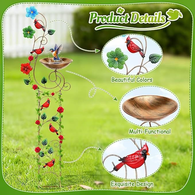 Metal Bird Bath with Trellis for Outside, 57” Height Birdbaths & Supports, Small Garden Decorative Trellises for Climbing Flowers Outdoor (Redbird)