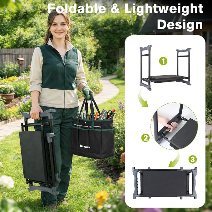 Garden Kneeler and Seat with Umbrella, 2-in-1 Foldable Gardening Stool with Adjustable Bracket, Detachable Tool Bags, Heavy Duty Kneeling Pad for Gardening (Beige Green)