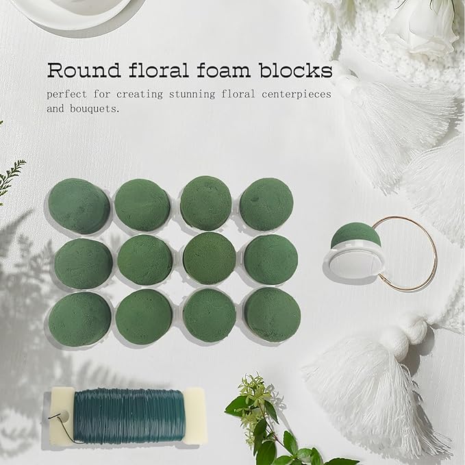 24 Pcs Mini Floral Foam Holder Floral Foam Round with 2 Rolls Green Floral Wire Floral Foam Blocks for Table Wedding Wine Bottle Hat Décor (24)