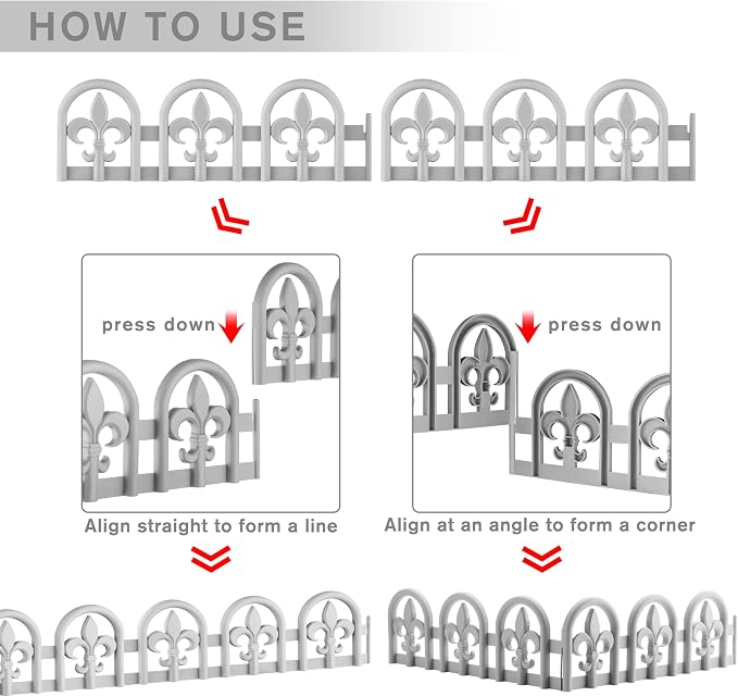 Evelyne Gray Garden Border Plastic Edging – PP Plastic, Short Metal-Free Wrought Iron Look Design, 27pcs Yard Landscaping Fence Liner Lawn Edge Barrier, 35ft Kit of Decorative Lawn Landscape Panels