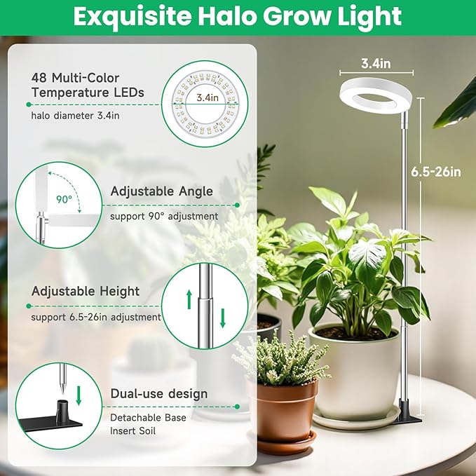 Aokrean Grow Light, Full Spectrum Plant Lights for Indoor Growing with with 3/9/12H Timer, 3 Color Modes, 10 Brightness, 6.5"-26" Height Adjustable Halo Grow Light with Base, 3 Pack(3.4in)