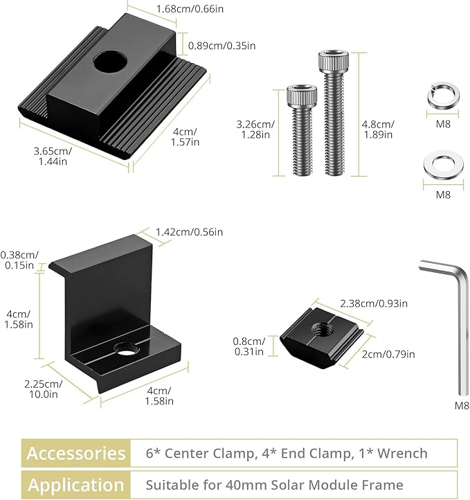 Anbte 10 PCS Solar Panels Brackets 40mm, Aluminium 6 x T-Shaped Mid Clamps + 4 x End Clamps, Solar Panel Mounting Brackets for Metal, Tin, Flat, Sheet Roofs, RV, Black