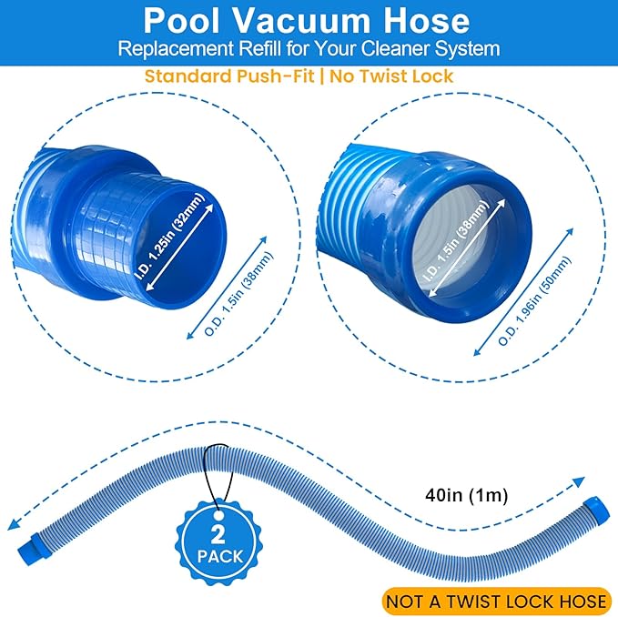 Poolvio Pool Vacuum Hose 2-Pack, Spare & Replacement, 40" Flexible Spiral-Wound Hose with 1.5" Male & Female Cuff Ends, Compatible with Most Inground Pool Automatic Cleaners, Blue