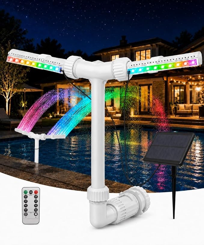 Solar Pool Fountain with 18 LED Lights, Dual-Head Waterfall Sprinkler, Remote Control, 11 Colors & 6 Modes, Adjustable Height & Direction for Above & In-Ground Pools