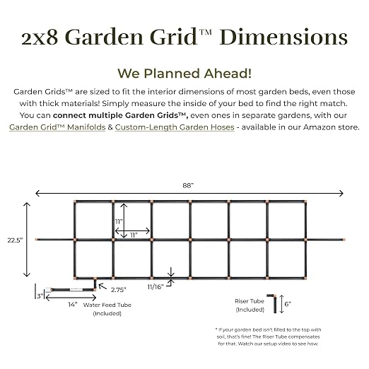 Garden Grid Watering System, 2x8 Cornerless | Garden Irrigation System for Garden Beds | Pre-Assembled, Waters Every Plant, USA-Made | Ideal for Beds w/Corner Posts or Curved Ends | 22.5"x88"