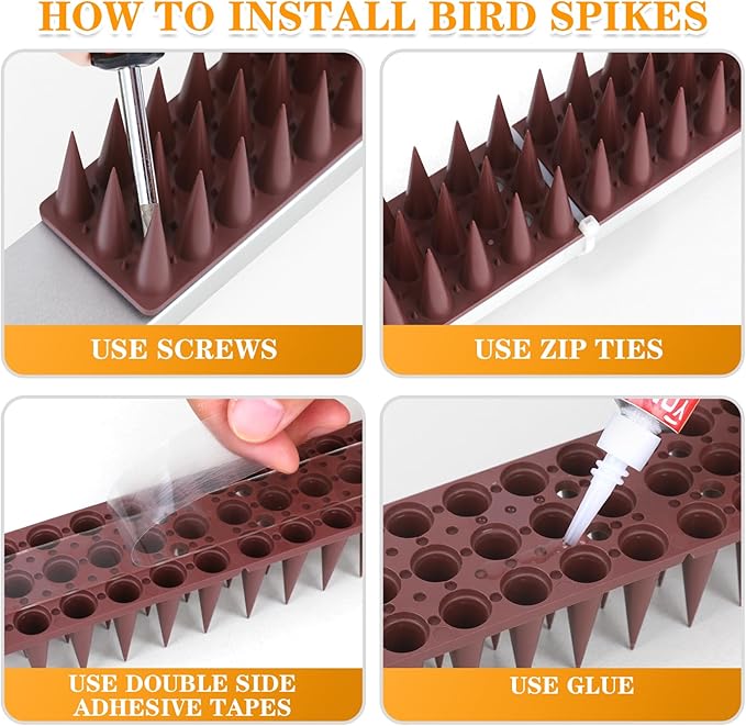 BORHOOD Bird Spikes, 40 Pack Pigeon Deterrent for Small Birds Raccoon Cats Defender for Outside to Keep Squirrel Away, Plastic Fence Spike for Railing and Roof-Brown
