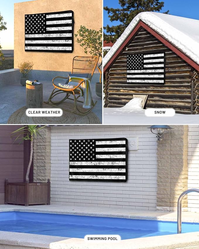 Black American Flag Weatherproof Outdoor TV Cover 52-55 Inch, Black White Star Striped Enclosure with Zipper & Roll Up Front Flap