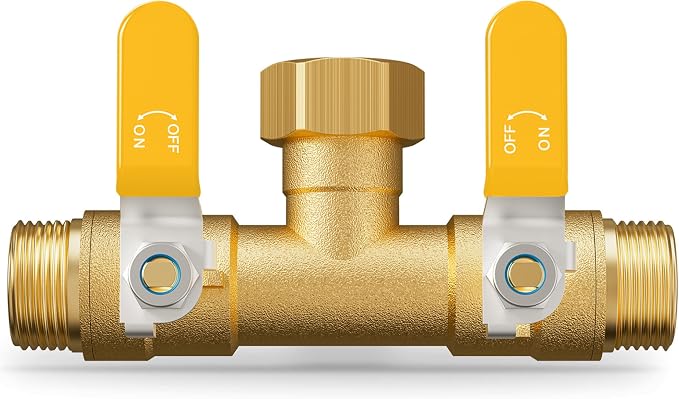Hose Splitter 2 Way, Heavy Duty Brass Garden Hose Splitter | 0.59" Full Flow Ball Valve Outlet, Shut-Off Valve, 3/4" GHT Thread Water Hose Connector For Outdoor Spigot Faucet (Yellow)