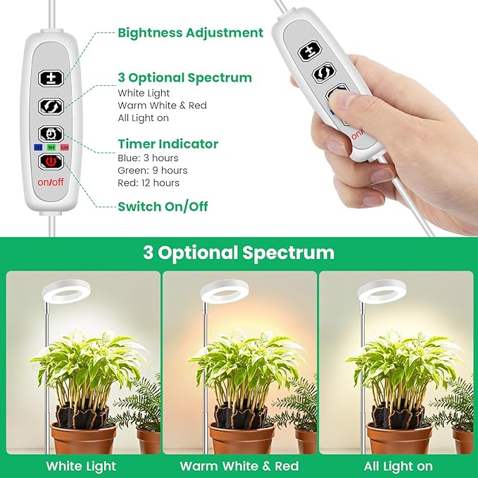 Aokrean Grow Lights for Indoor Plants, Full Spectrum Small Halo Plant Grow Light with Base, 48 LED Growing Lamp 10 Levels Dimmable Auto On Off 3/9/12 Hrs Timer for Small Plants, White, 3.5in, 5 Pack