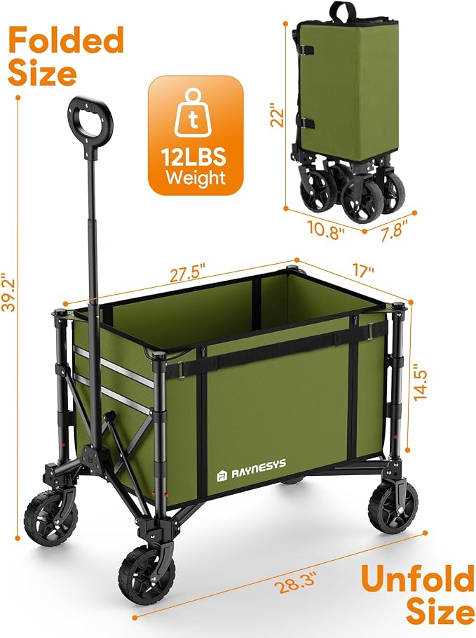 Raynesys Collapsible Wagon Cart with Wheels 220lbs Foldable Wagon 120L Shopping Cart for Groceries Folding Utility Wagon for Beach, Garden, Camping, Sport, Wheelbarrows, Green