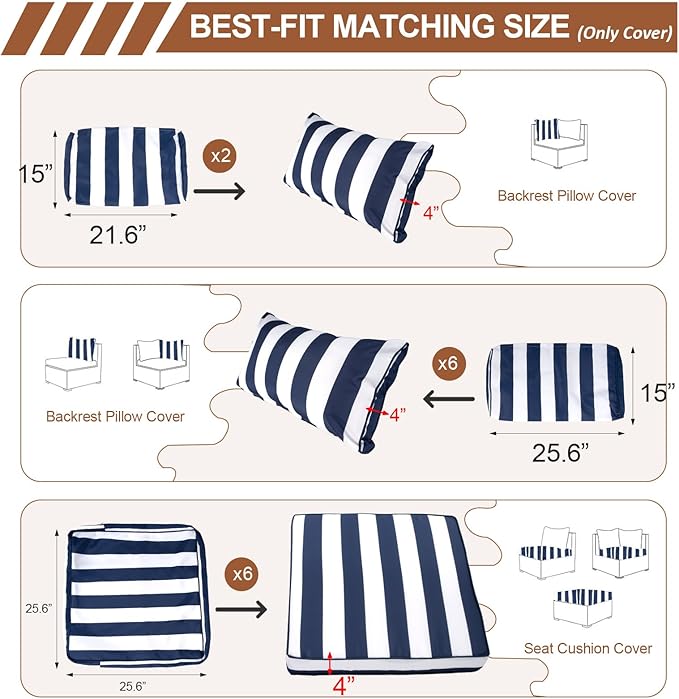 14 Piece Outdoor Patio Cushion Covers Replacement, Waterproof Outdoor Furniture Cushion Covers, Fit 7 Pcs 6 Seater Wicker Rattan Conversation Sofa Set,Blue White Stripes(Only Cover) 25.6x25.6"