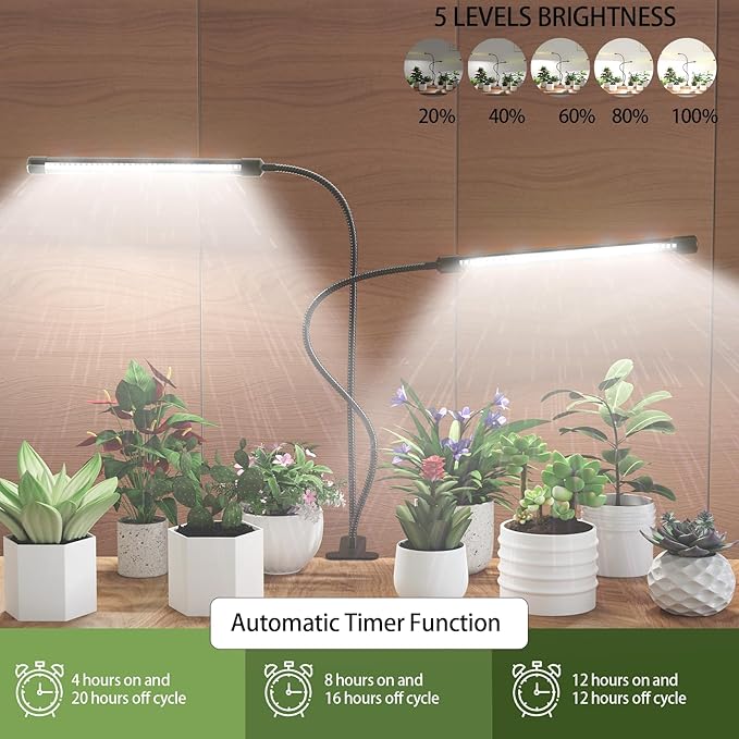 GHodec Grow Light,Full Spectrum White 84 LED Clip Plant Lights for Indoor Plants Growing, 4/8/12H Timer & 5 Dimmable Levels (80W)